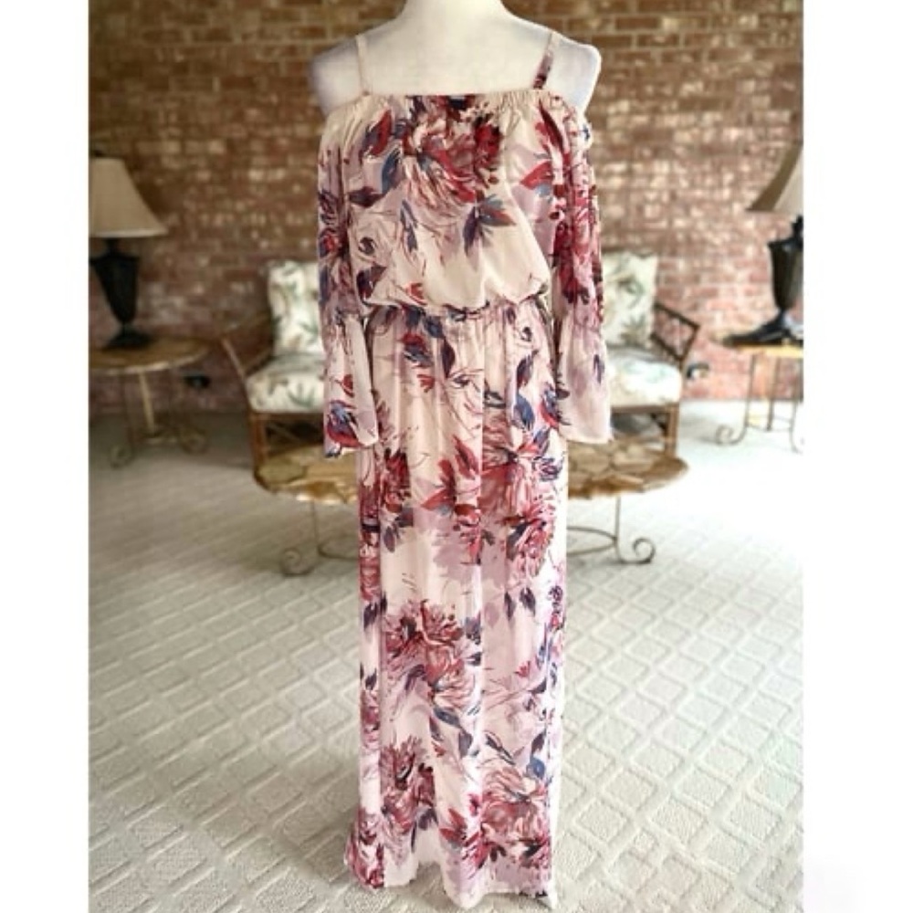 Floral Beige Chiffon Maxi Dress